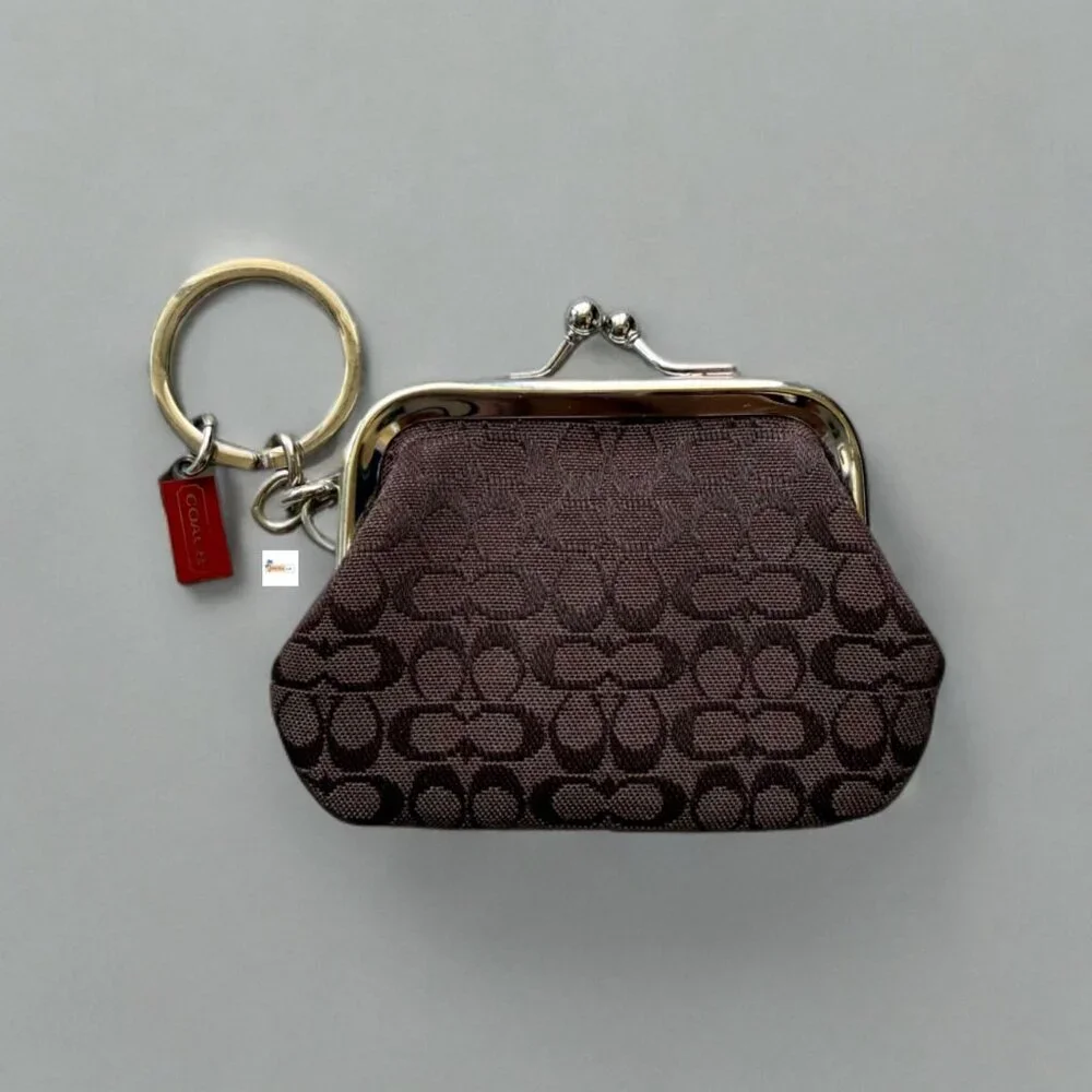 Coach Brown Mini Signature Kisslock Keychain Key Ring Coin Purse - Picture 1 of 4